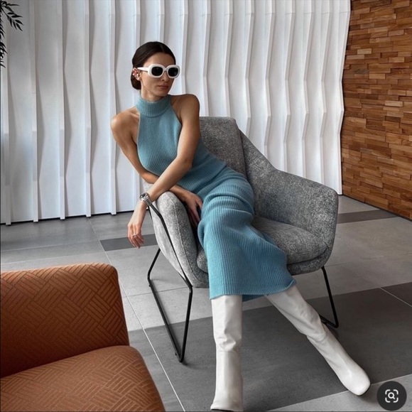 Zara Blue Tube Halter Fitted Midi Dress Size XS-S - Picture 4 of 16